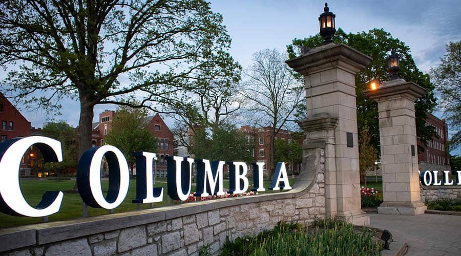 Columbia College's Rogers Gate in the evening.