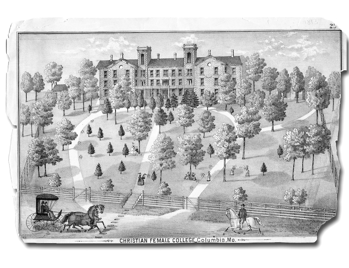 Historical image of a drawing of Columbia College's main campus, with a horse and buggy in front.