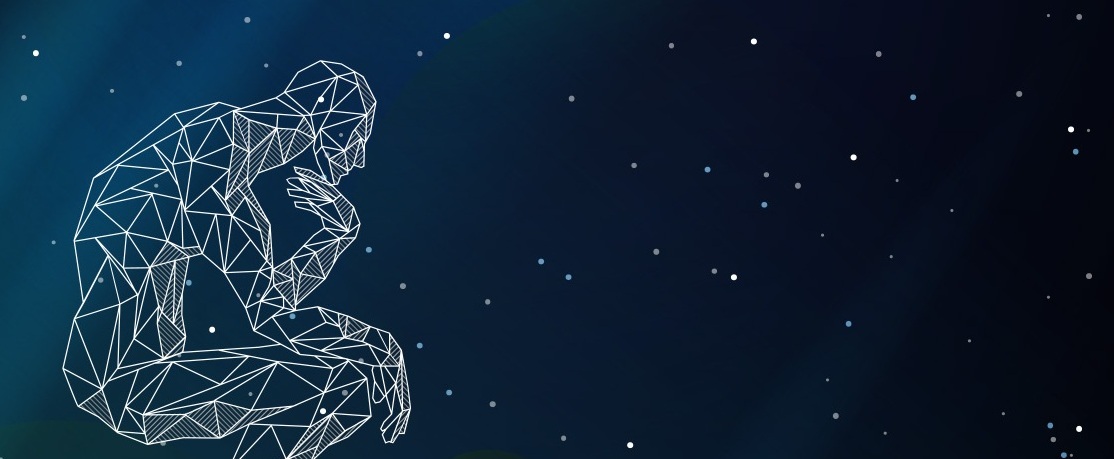 Illustration of human, sitting, thinking, with hand resting under chin on a dark background with random round stars.