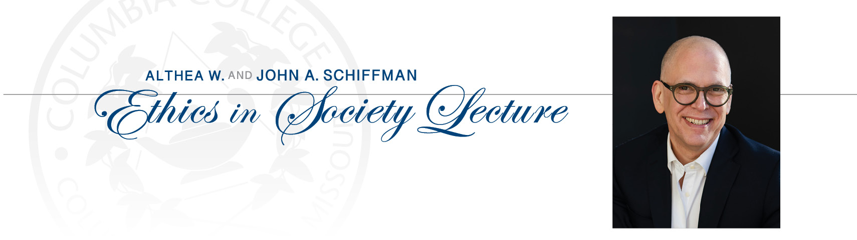 A banner that says, "Althea W. and John A. Schiffman Lecture in Religious Studies" next to a picture of Jim Obergefell.