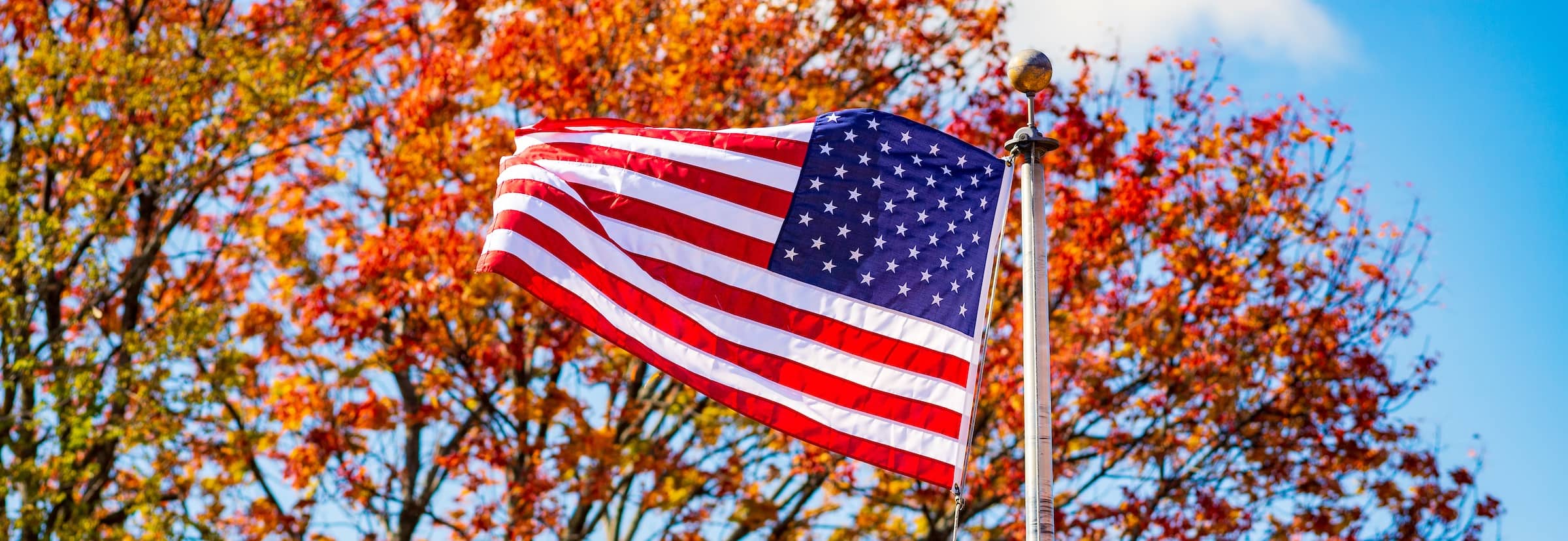 American flag waving in front of trees with leaves turning fall colors on main campus.