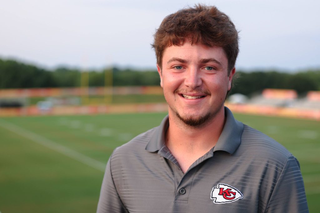 Columbia College student Braydn O’Neal poses for a photo while interning at Kansas City Chiefs training camp in the summer of 2026.