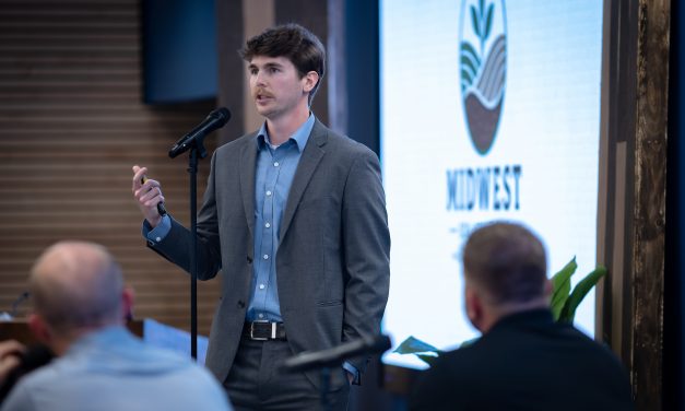 Columbia College student Austin Jansen presents during the Fish Tank Pitch Competition on Thursday, April 16, in New Hall Event Center.