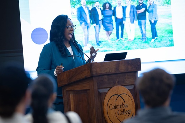 Shapree Marshall ’21 ’23, delivers the keynote address during the Fish Tank Pitch Competition.
