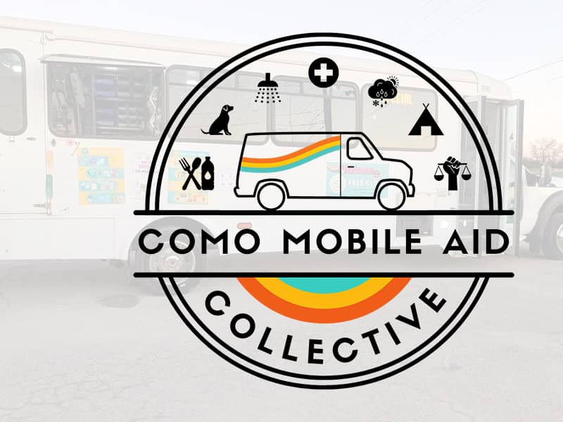Representation of the COMO Mobile Aid Collective van and logo.