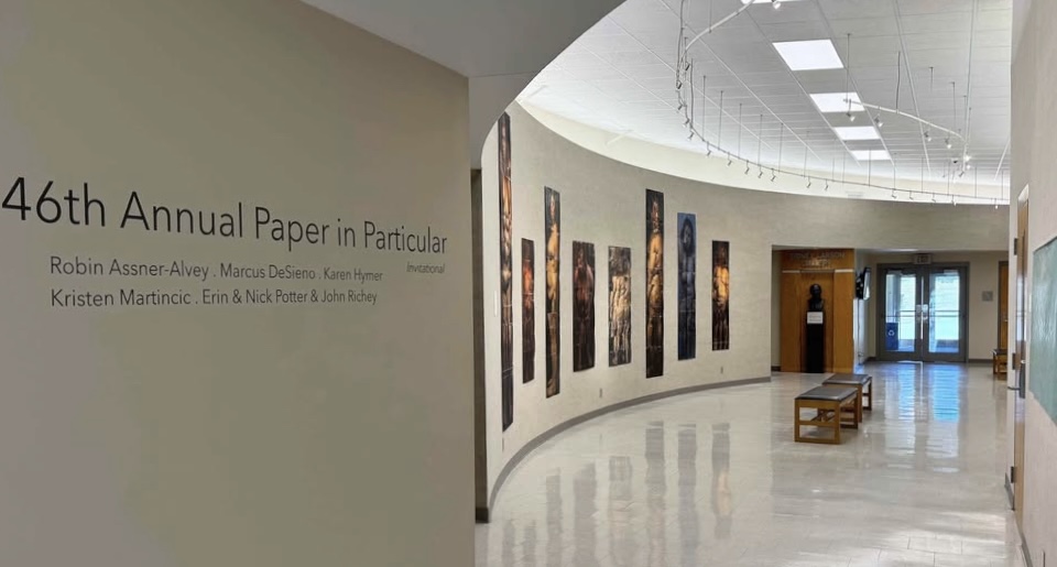 Side view of artwork displayed at the 46th Paper in Particular exhibit in the Sydney Larson gallery.