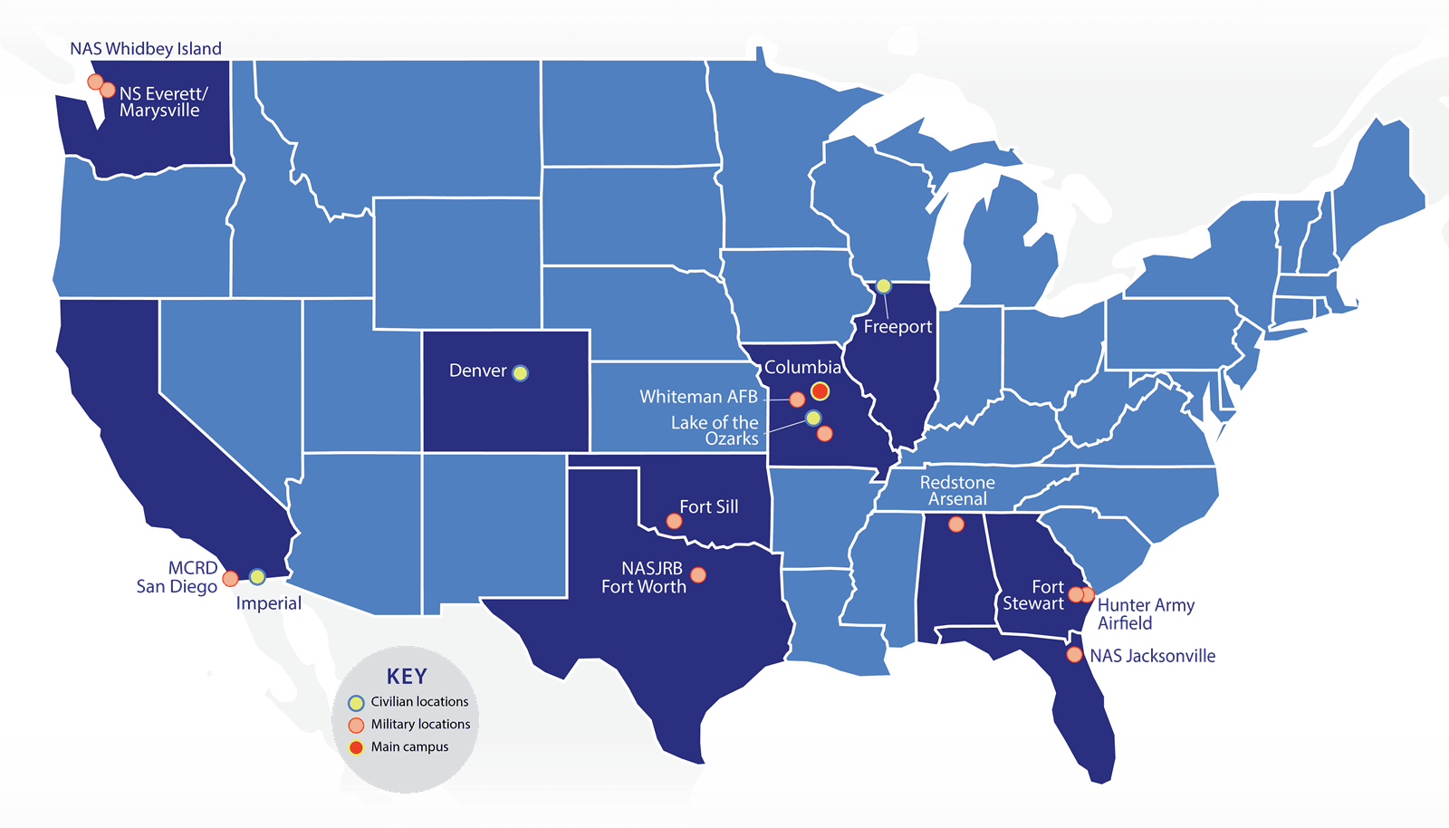 Map of the United States with CCG nationwide locations pinned at their location.