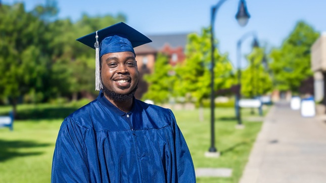 Charles Jackson ’26 poses for a photo before Columbia College’s Spring 2026 Commencement on Saturday, May 2, on main campus in Columbia, Missouri.